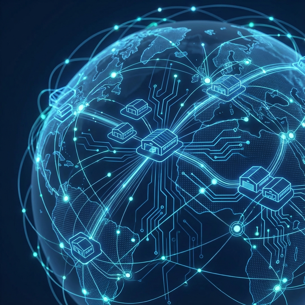 Global supply chain network visualization with connected logistics nodes